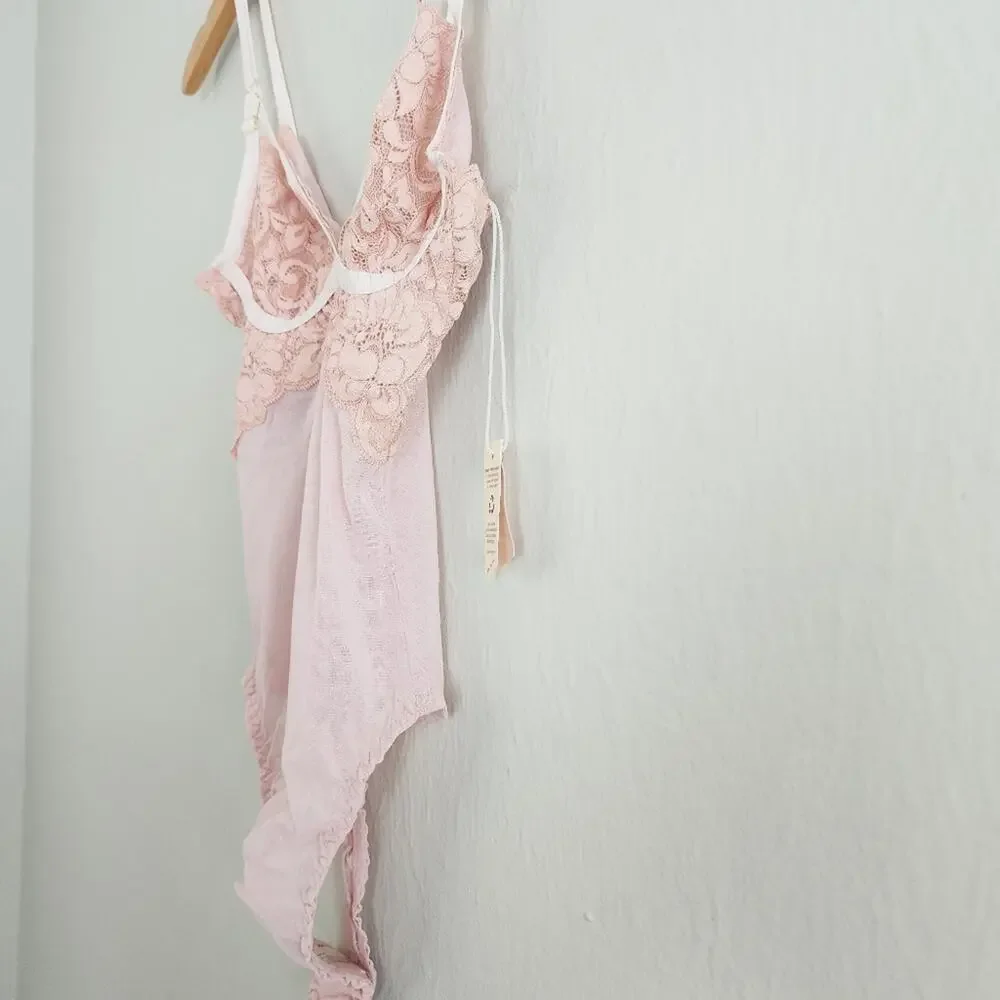 NWT We Are Hah x Free People Bust Out Lace Mesh Bodysuit Sheer Pink Floral XS